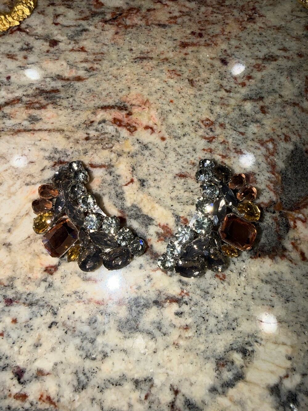 Vintage Amber & Smoke Rhinestone Ear Climber Clip-On Earrings
